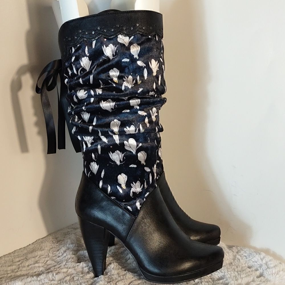 Ruby Shoo Black Floral Slouch Athena Boots